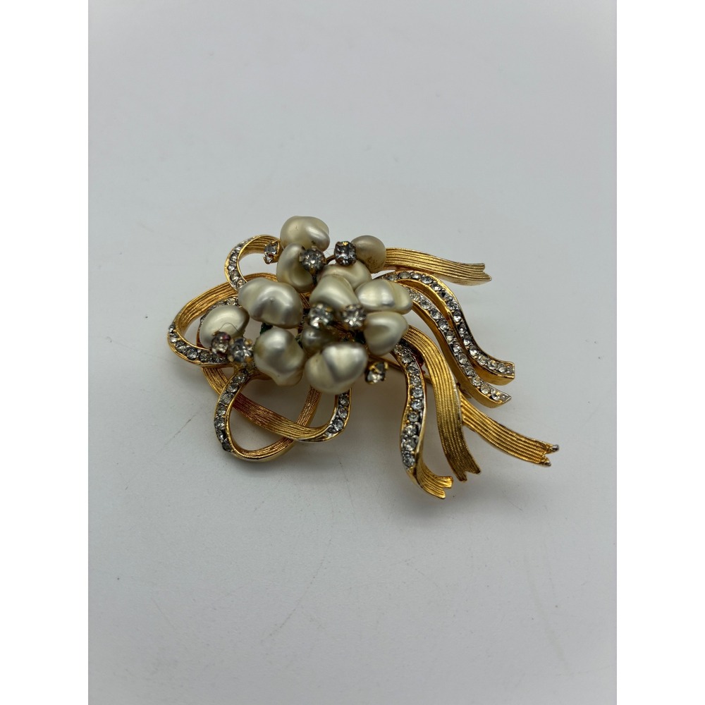 Vintage Kramer of New York Faux Pearl Rhinestone Gold Tone Floral Spray Brooch